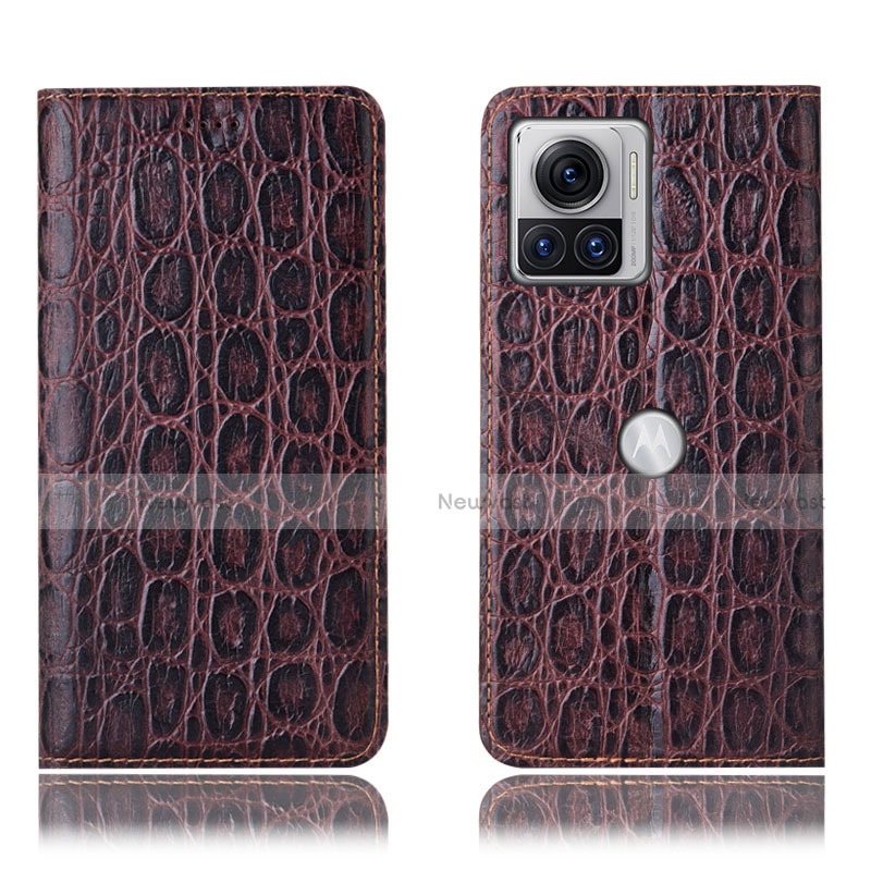 Leather Case Stands Flip Cover Holder H18P for Motorola Moto Edge 30 Ultra 5G Brown