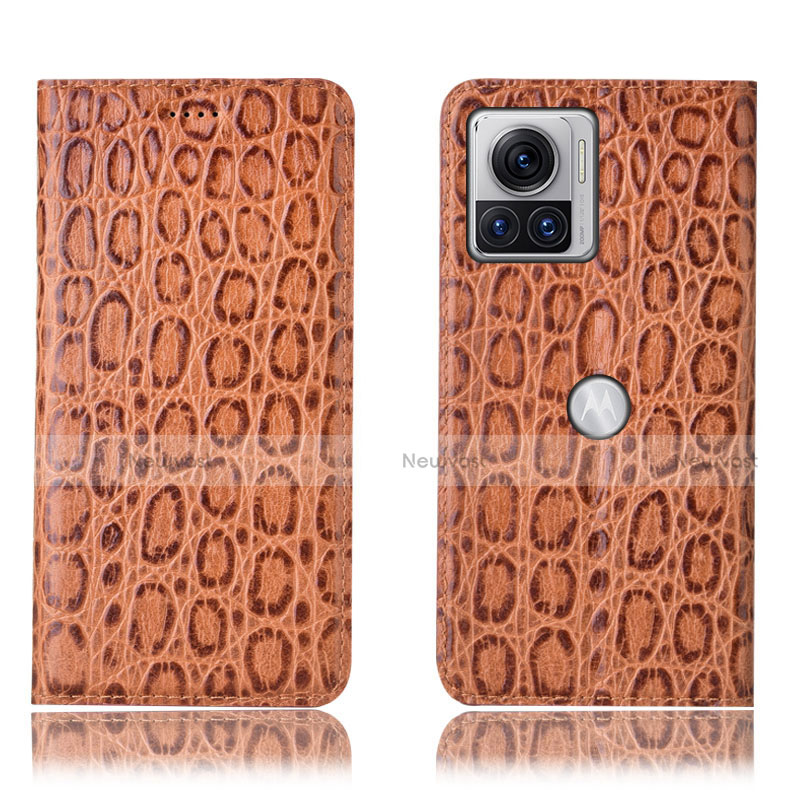 Leather Case Stands Flip Cover Holder H18P for Motorola Moto Edge 30 Ultra 5G Light Brown