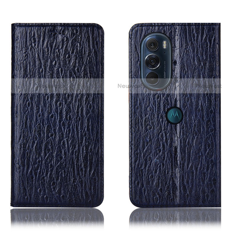 Leather Case Stands Flip Cover Holder H18P for Motorola Moto Edge Plus (2022) 5G Blue