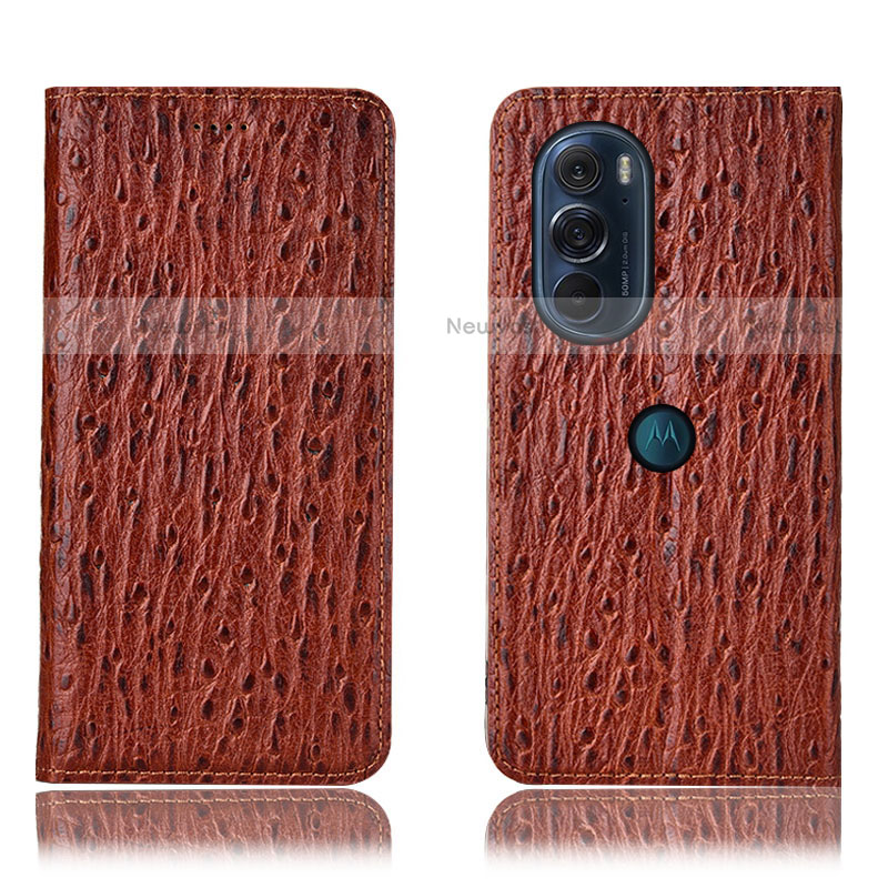 Leather Case Stands Flip Cover Holder H18P for Motorola Moto Edge Plus (2022) 5G Brown