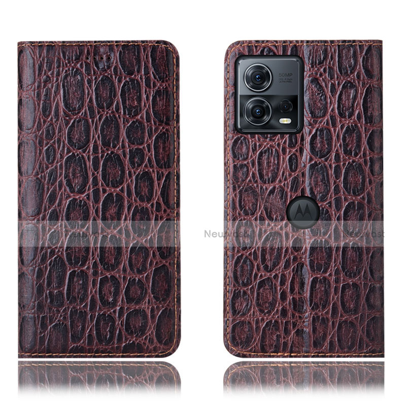 Leather Case Stands Flip Cover Holder H18P for Motorola Moto S30 Pro 5G Brown