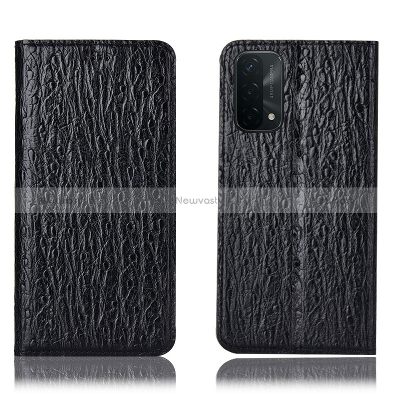 Leather Case Stands Flip Cover Holder H18P for Oppo A54 5G Black