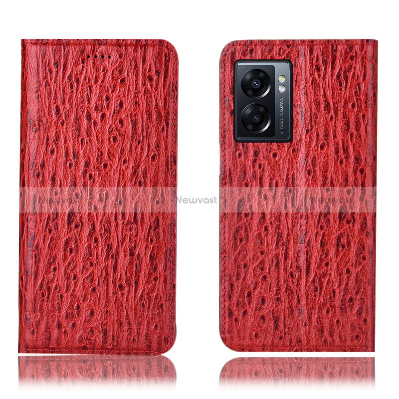 Leather Case Stands Flip Cover Holder H18P for Oppo A56S 5G Red