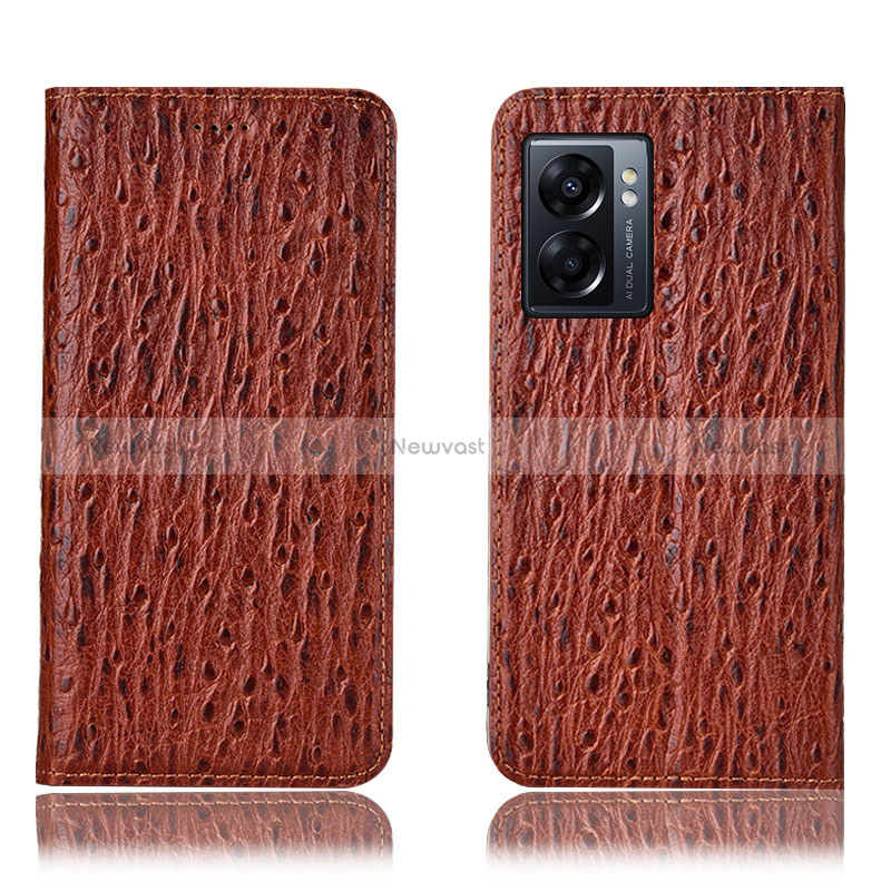 Leather Case Stands Flip Cover Holder H18P for Oppo A57 5G Brown