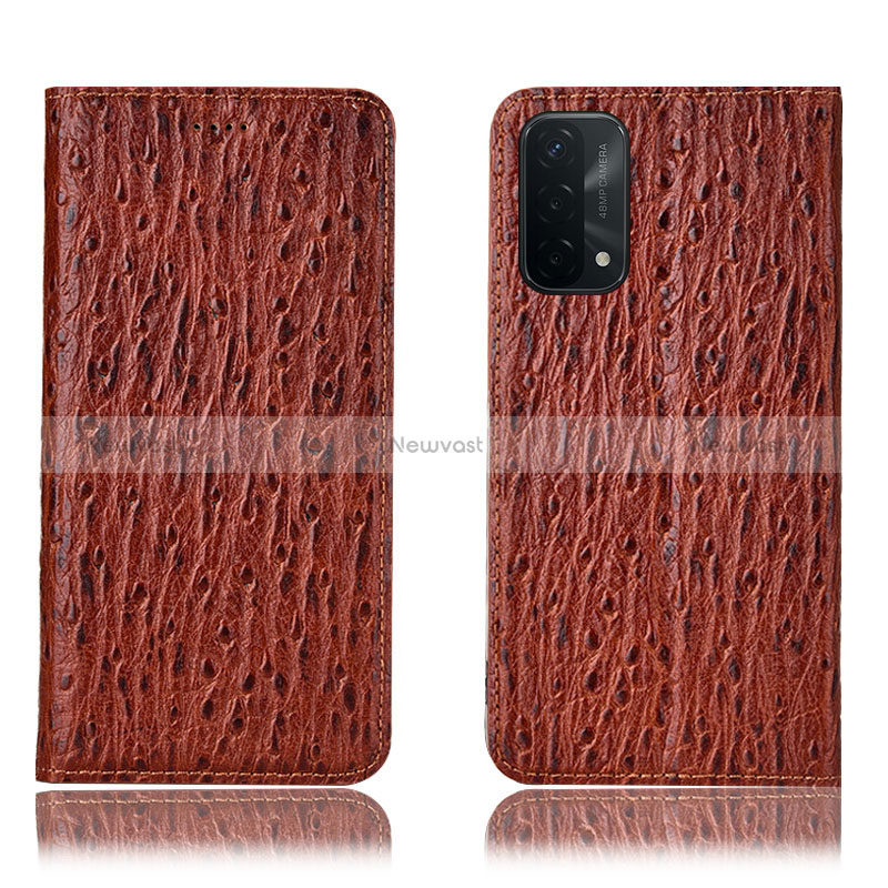 Leather Case Stands Flip Cover Holder H18P for Oppo A74 5G Brown