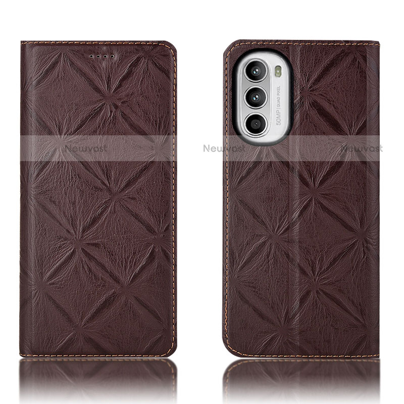 Leather Case Stands Flip Cover Holder H19P for Motorola Moto Edge (2022) 5G Brown