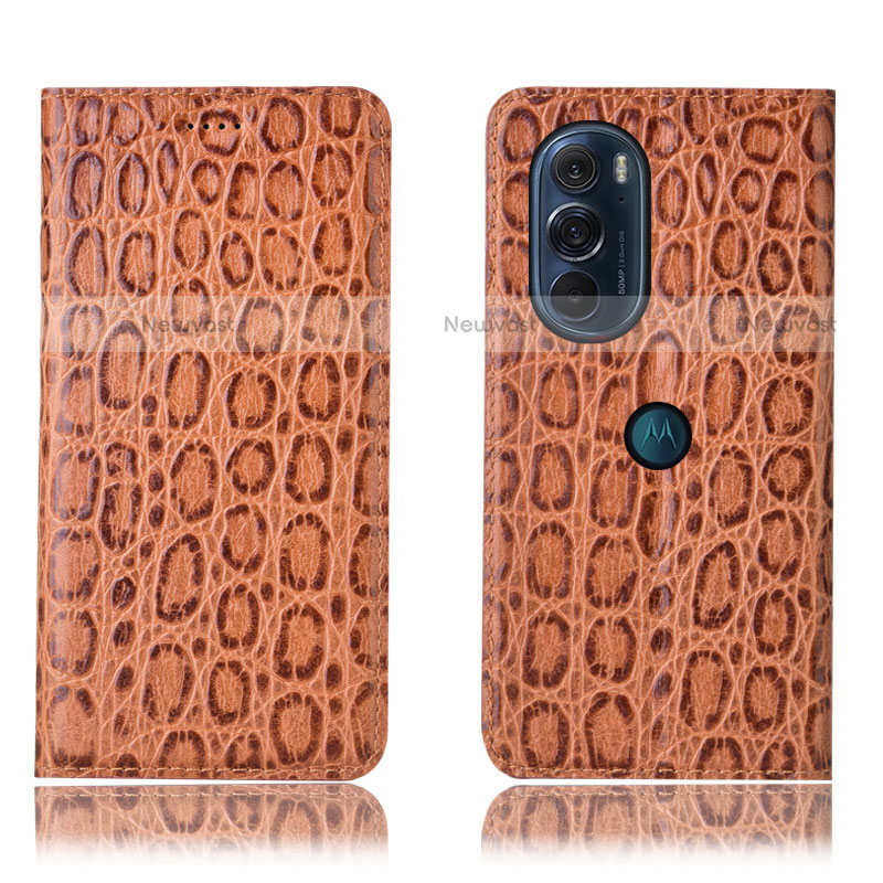 Leather Case Stands Flip Cover Holder H19P for Motorola Moto Edge 30 Pro 5G Light Brown