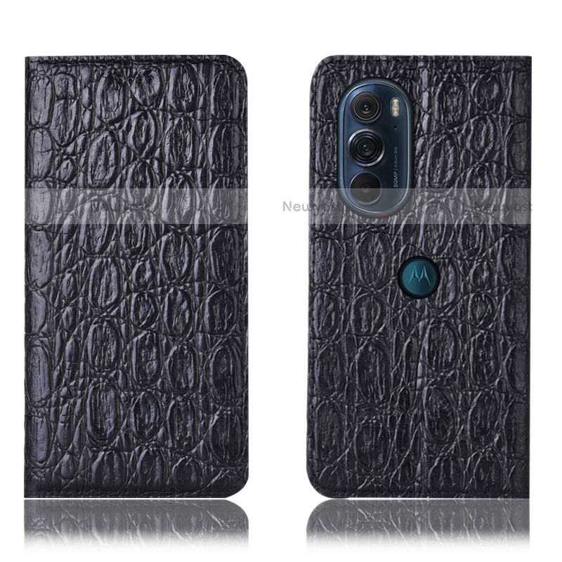 Leather Case Stands Flip Cover Holder H19P for Motorola Moto Edge Plus (2022) 5G Black