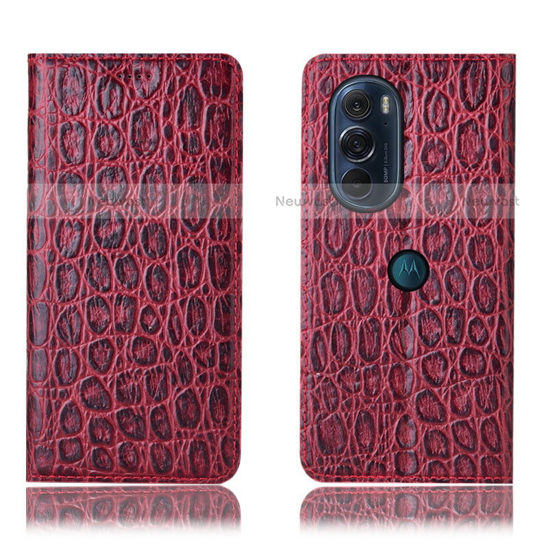 Leather Case Stands Flip Cover Holder H19P for Motorola Moto Edge Plus (2022) 5G Red