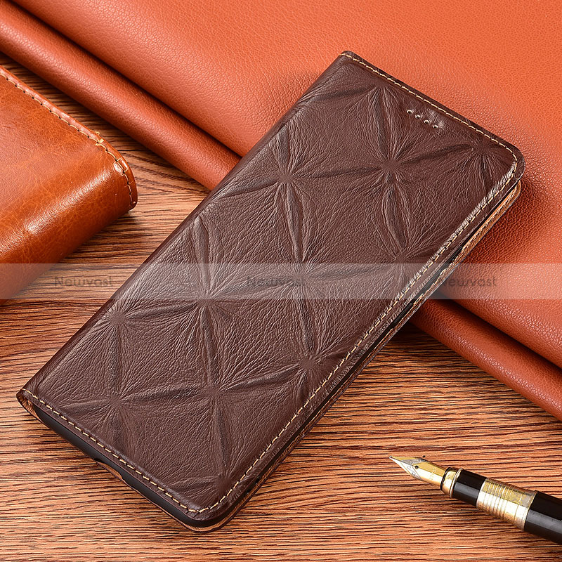 Leather Case Stands Flip Cover Holder H19P for Motorola Moto G53j 5G Brown