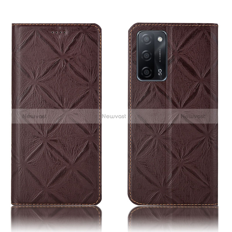 Leather Case Stands Flip Cover Holder H19P for Oppo A53s 5G Brown