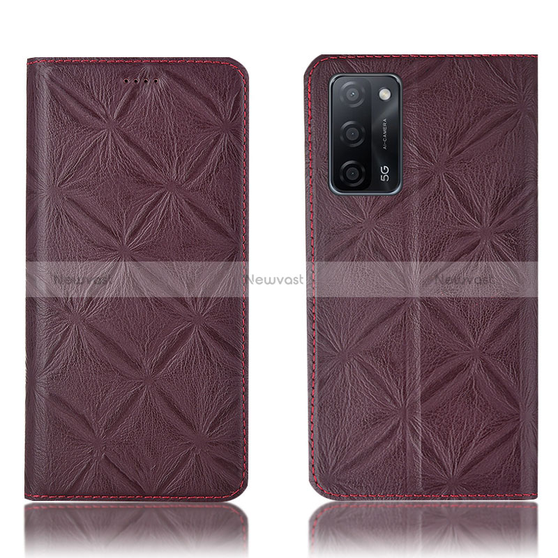 Leather Case Stands Flip Cover Holder H19P for Oppo A53s 5G Red Wine