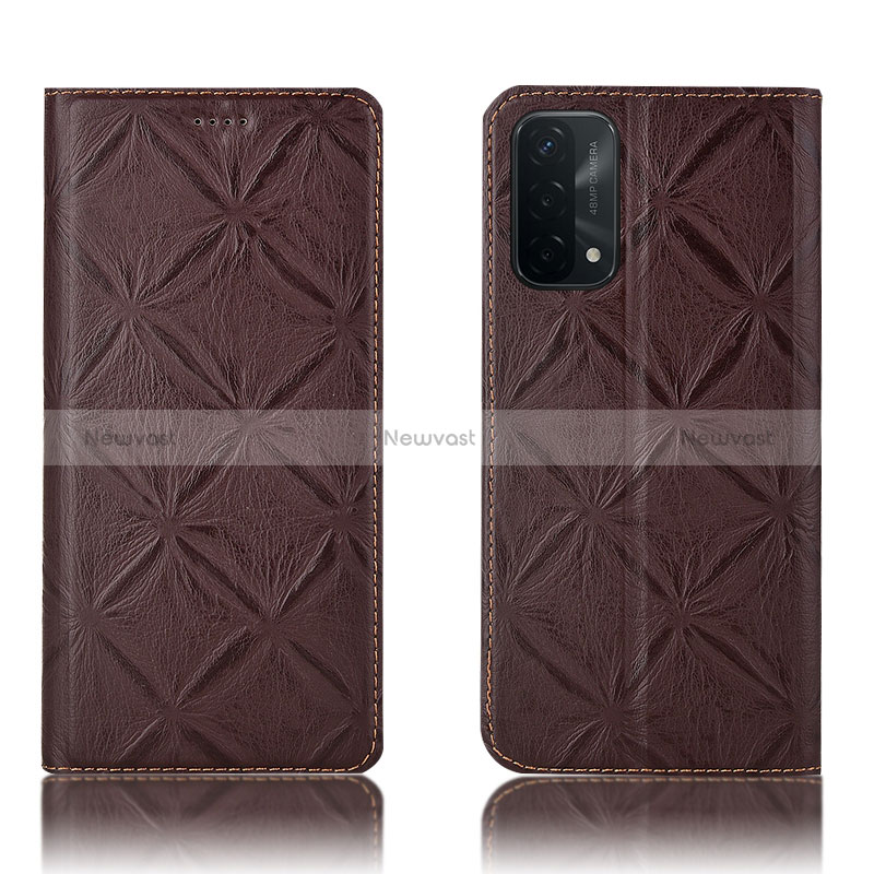 Leather Case Stands Flip Cover Holder H19P for Oppo A54 5G Brown