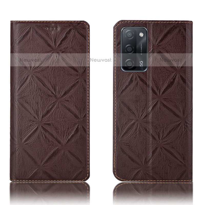 Leather Case Stands Flip Cover Holder H19P for Oppo A55 5G Brown