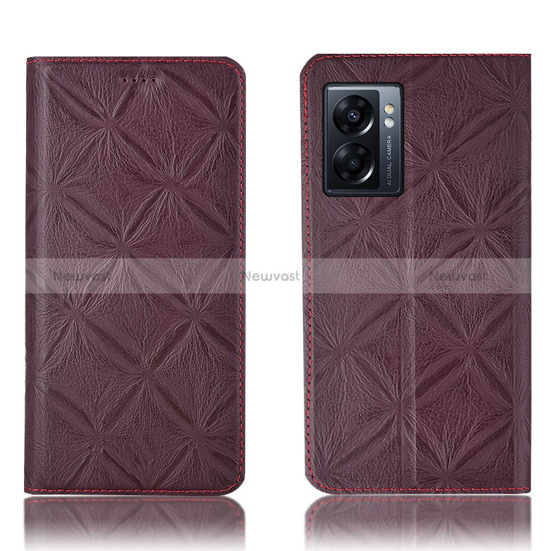 Leather Case Stands Flip Cover Holder H19P for Oppo A56S 5G Red Wine