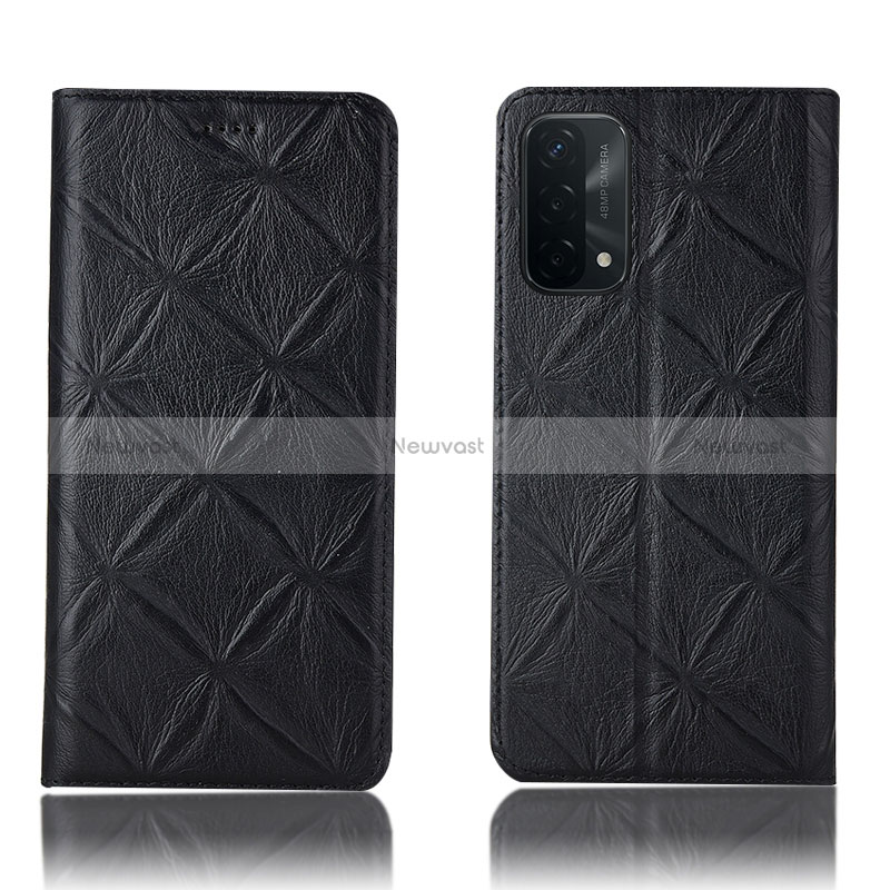 Leather Case Stands Flip Cover Holder H19P for Oppo A74 5G Black