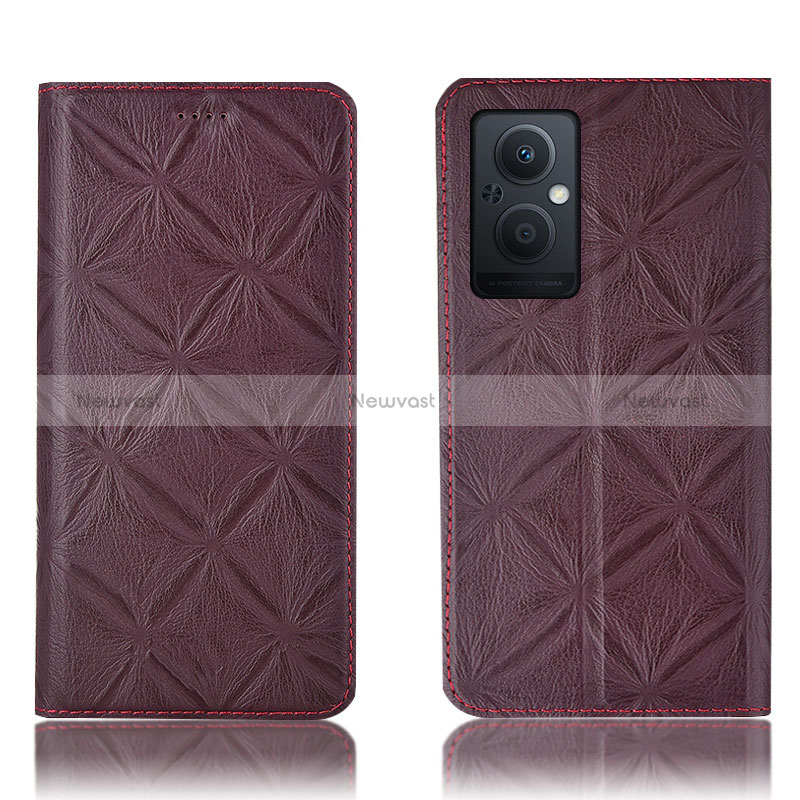 Leather Case Stands Flip Cover Holder H19P for Oppo A96 5G Red Wine