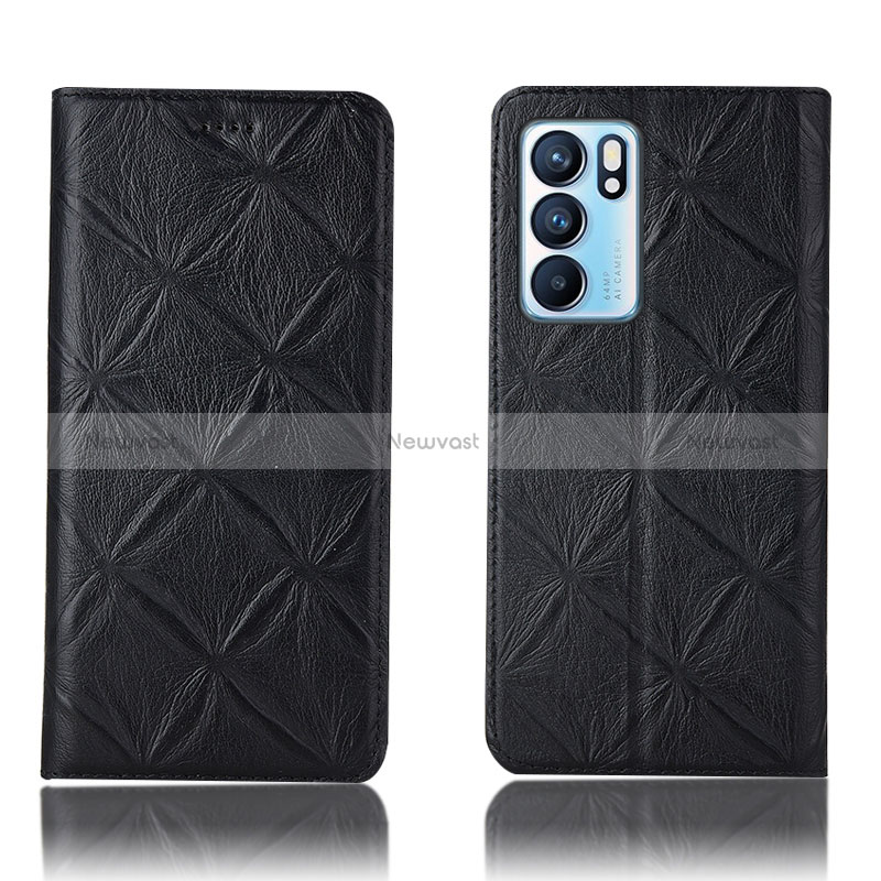 Leather Case Stands Flip Cover Holder H19P for Oppo Reno6 5G Black
