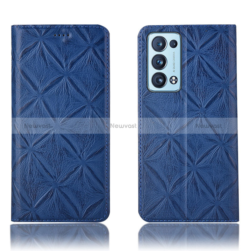 Leather Case Stands Flip Cover Holder H19P for Oppo Reno6 Pro 5G Blue