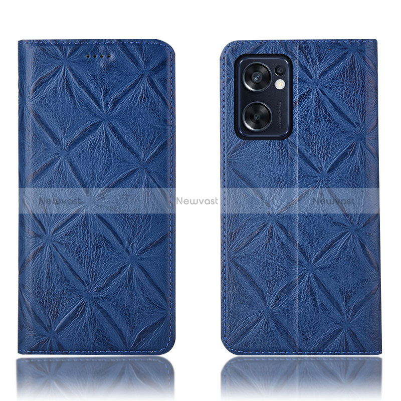 Leather Case Stands Flip Cover Holder H19P for Oppo Reno7 SE 5G Blue