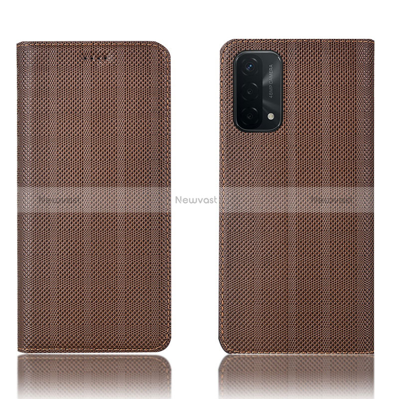 Leather Case Stands Flip Cover Holder H20P for Oppo A54 5G Brown