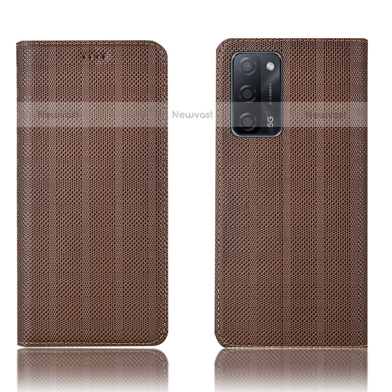 Leather Case Stands Flip Cover Holder H20P for Oppo A55 5G Brown