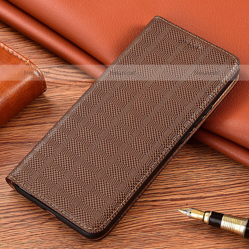 Leather Case Stands Flip Cover Holder H20P for Samsung Galaxy A12 Brown