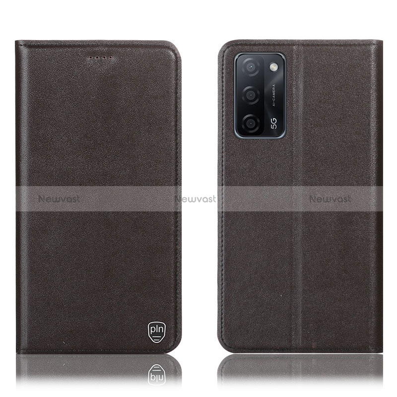 Leather Case Stands Flip Cover Holder H21P for Oppo A53s 5G Brown