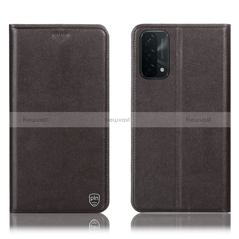 Leather Case Stands Flip Cover Holder H21P for Oppo A54 5G Brown