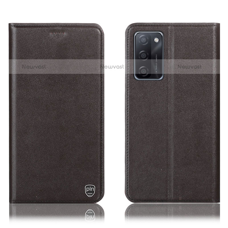 Leather Case Stands Flip Cover Holder H21P for Oppo A55S 5G Brown