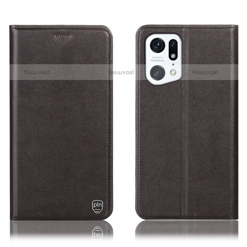 Leather Case Stands Flip Cover Holder H21P for Oppo Find X5 Pro 5G Brown