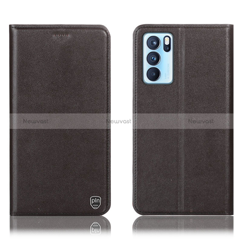 Leather Case Stands Flip Cover Holder H21P for Oppo Reno6 Pro 5G India Brown