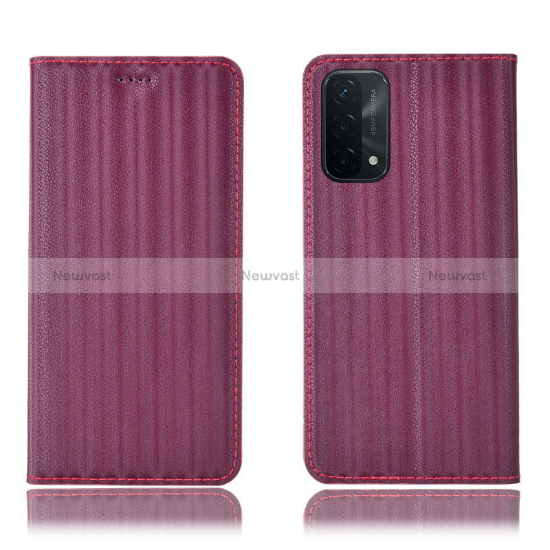 Leather Case Stands Flip Cover Holder H23P for Oppo A54 5G Red Wine