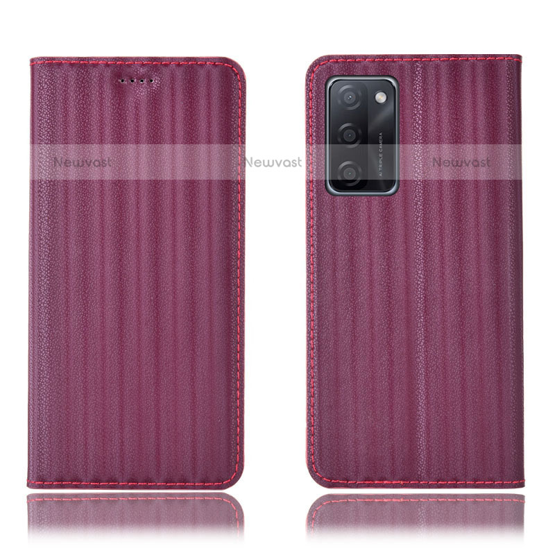 Leather Case Stands Flip Cover Holder H23P for Oppo A55S 5G Red Wine