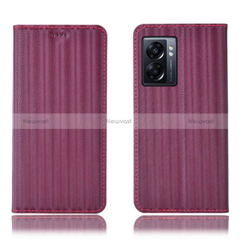 Leather Case Stands Flip Cover Holder H23P for Oppo A77 5G Red Wine