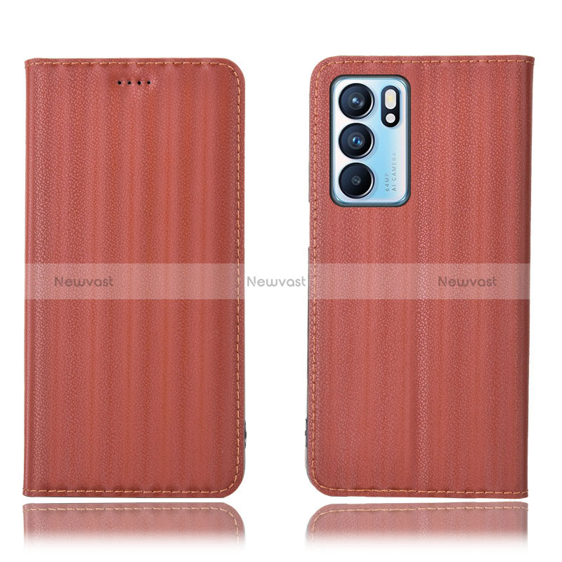 Leather Case Stands Flip Cover Holder H23P for Oppo Reno6 5G Brown