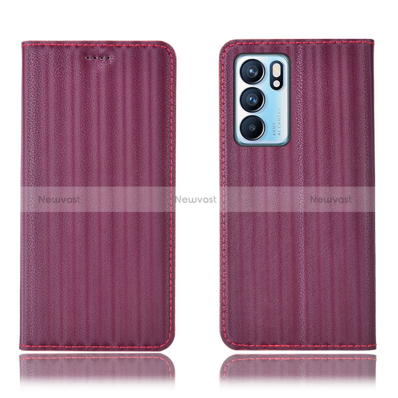 Leather Case Stands Flip Cover Holder H23P for Oppo Reno6 5G Red Wine