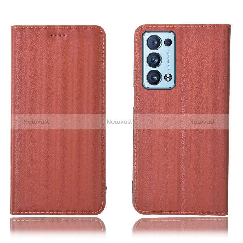 Leather Case Stands Flip Cover Holder H23P for Oppo Reno6 Pro 5G Brown