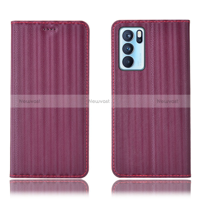 Leather Case Stands Flip Cover Holder H23P for Oppo Reno6 Pro 5G India Red Wine