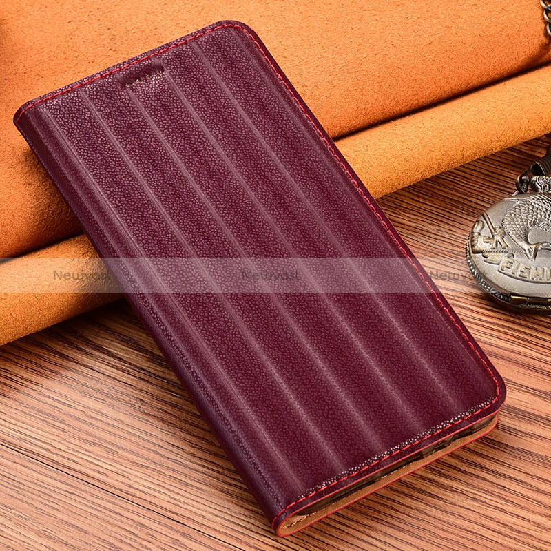 Leather Case Stands Flip Cover Holder H23P for Samsung Galaxy A12 5G Red Wine