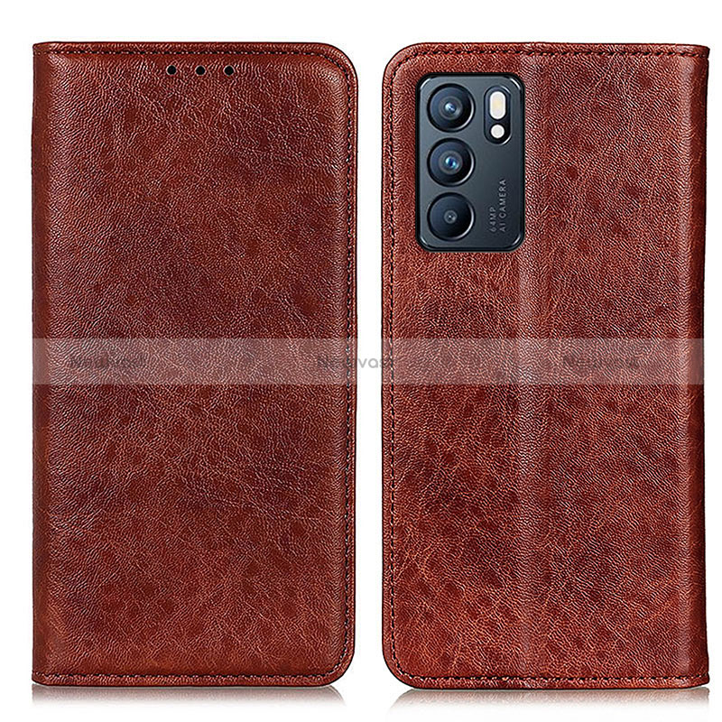 Leather Case Stands Flip Cover Holder K01Z for Oppo Reno6 5G Brown