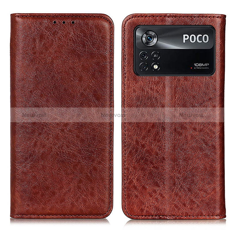 Leather Case Stands Flip Cover Holder K01Z for Xiaomi Poco X4 Pro 5G Brown