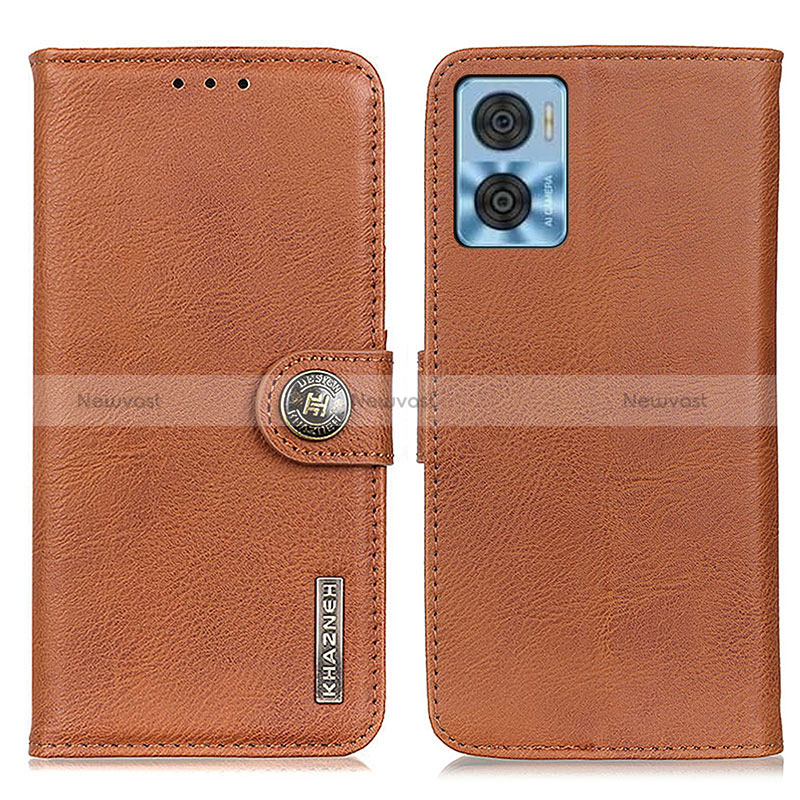 Leather Case Stands Flip Cover Holder K02Z for Motorola Moto E22 Brown