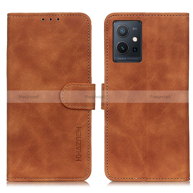 Leather Case Stands Flip Cover Holder K03Z for Vivo T1 5G India Brown