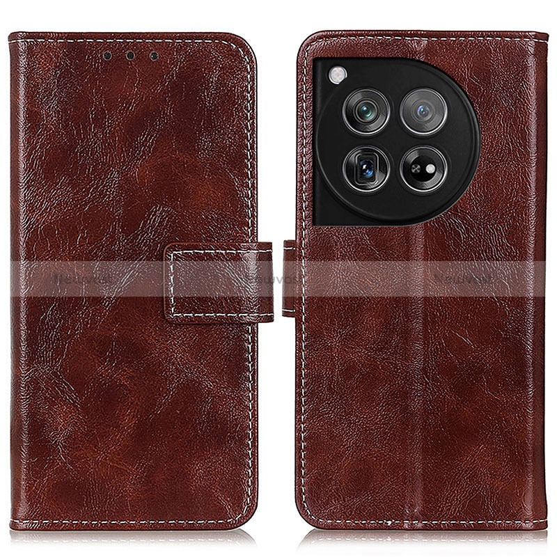 Leather Case Stands Flip Cover Holder K04Z for OnePlus 12 5G Brown