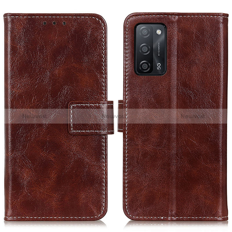 Leather Case Stands Flip Cover Holder K04Z for Oppo A53s 5G Brown