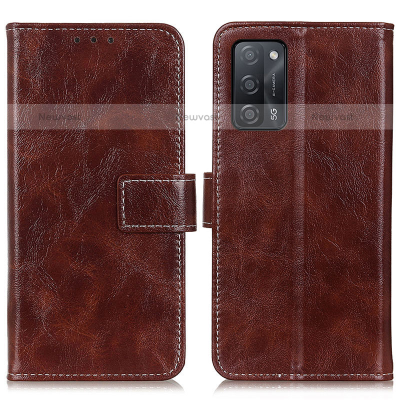 Leather Case Stands Flip Cover Holder K04Z for Oppo A55 5G Brown