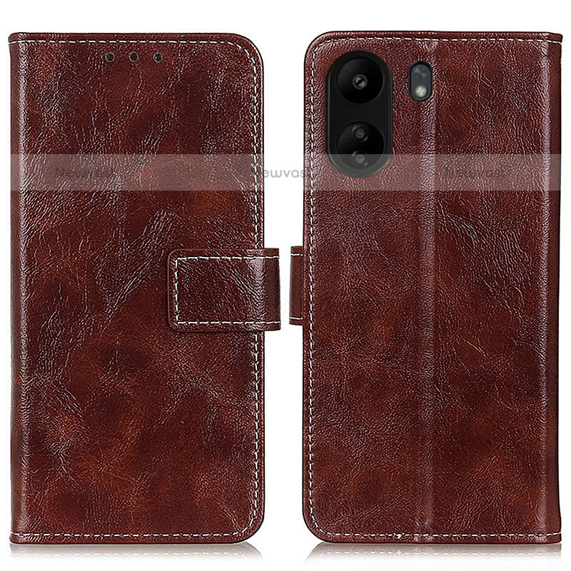 Leather Case Stands Flip Cover Holder K04Z for Xiaomi Poco C65 Brown