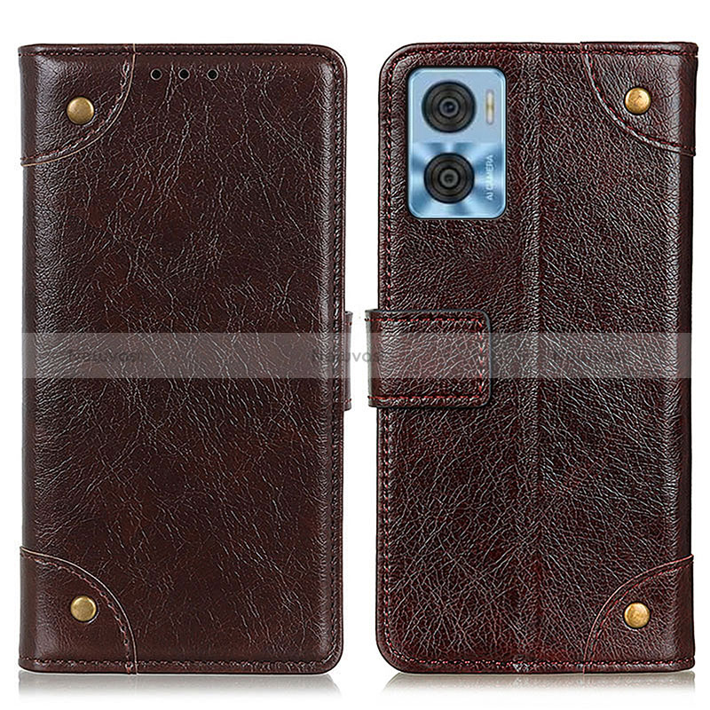 Leather Case Stands Flip Cover Holder K06Z for Motorola Moto E22 Brown