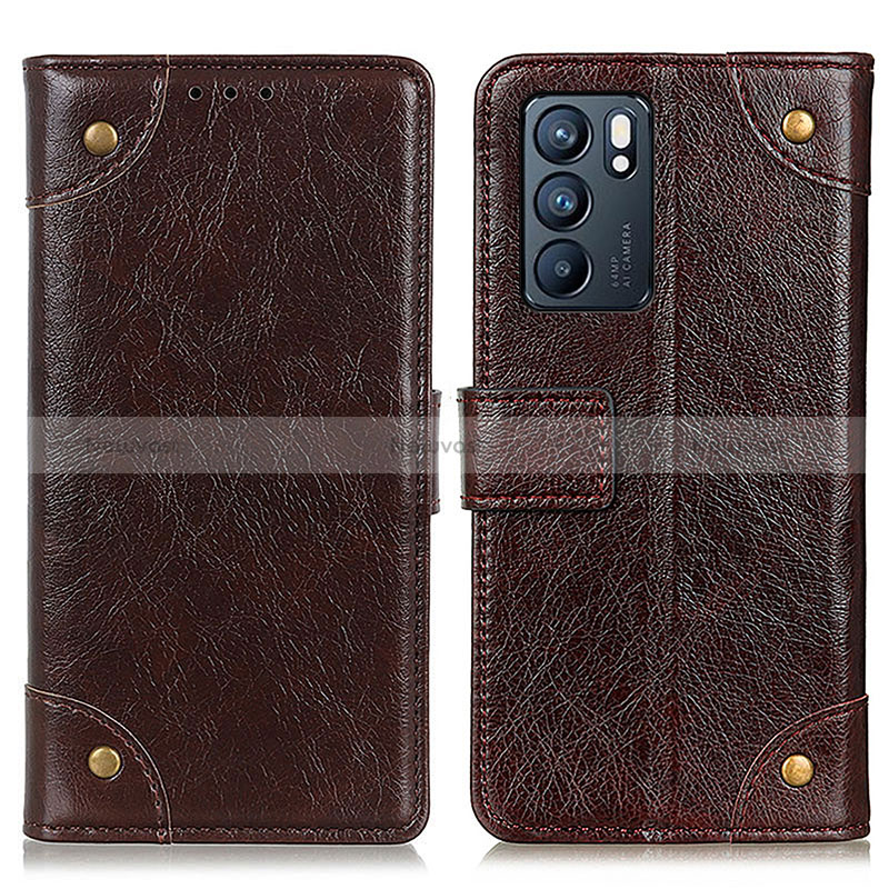 Leather Case Stands Flip Cover Holder K06Z for Oppo Reno6 5G Brown